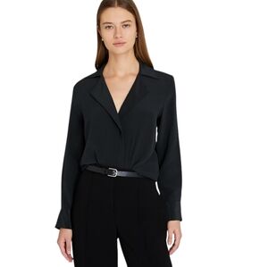Club Monaco Quiet Luxury Black Silk Blouse Button Down Layered Placket women's M